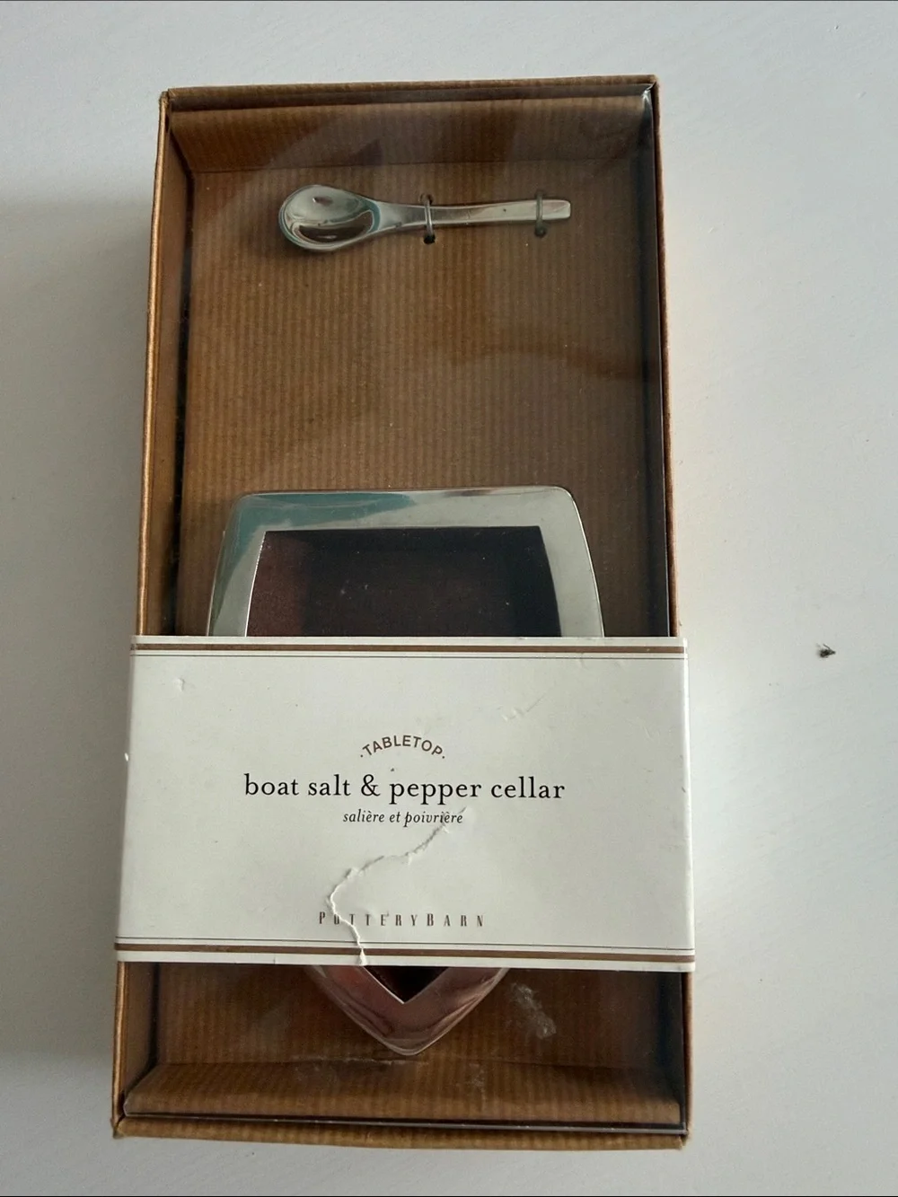 Pottery Barn Wood and Metal Boat Table Top Salt & Pepper Cellar with Spoon